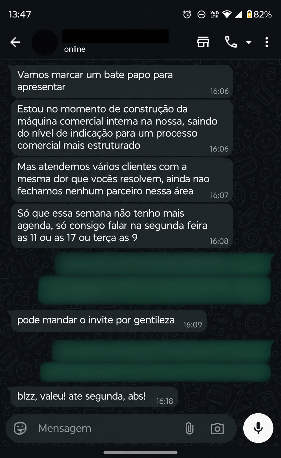 Conversa real anonimizada sobre estruturação comercial e agendamento
